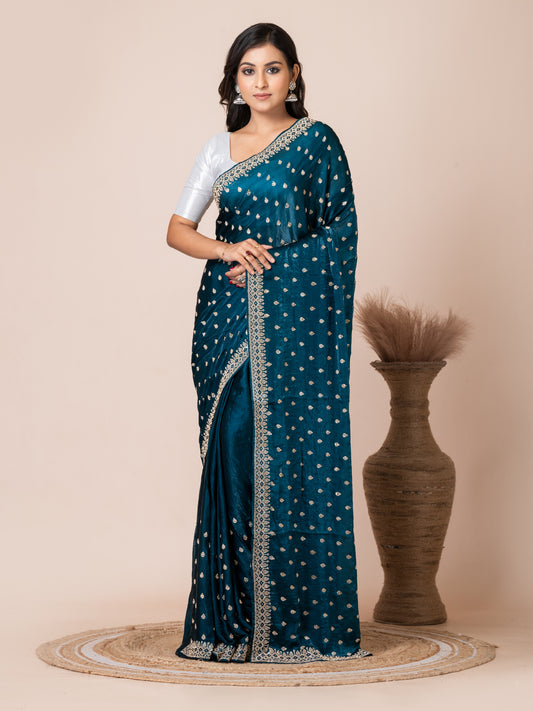 Sophisticated Teal Malmal Silk Saree with Embroidered Border