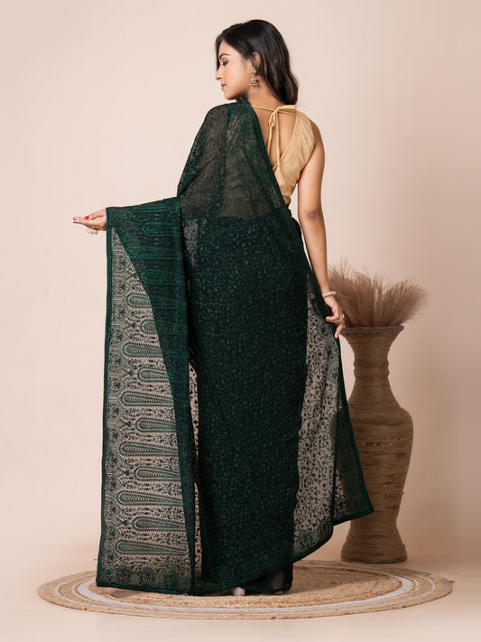 Luxurious Dark Green Fancy Chiffon Saree with Jal Work