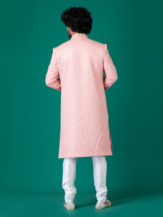 Majestic Pantone-Colored Sherwani with Neck Handwork