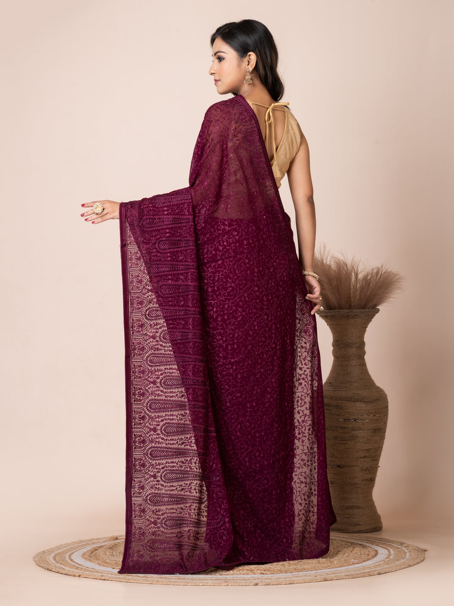 Exquisite Maroon Fancy Chiffon Saree with Jal Work