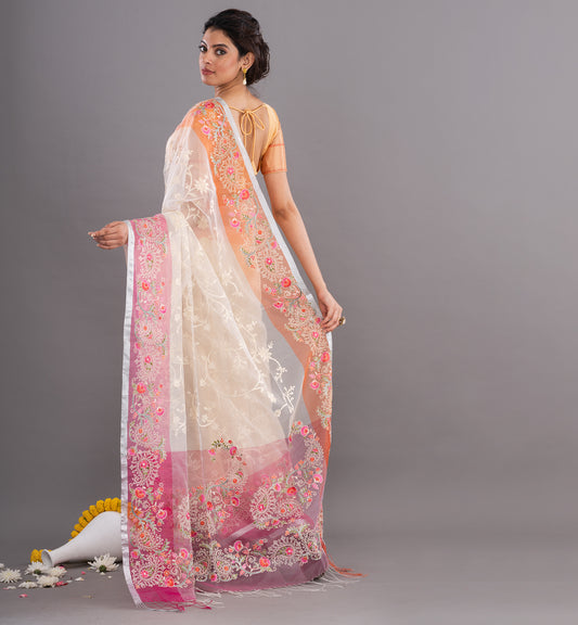 Ivory & Pink Handloom Tissue Organza Saree with Embroidered Elegance