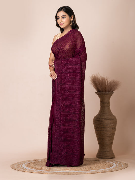 Exquisite Maroon Fancy Chiffon Saree with Jal Work