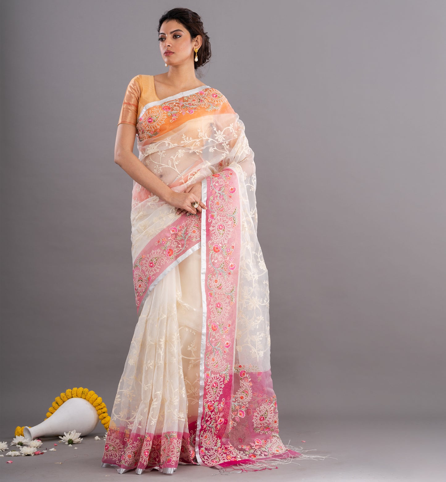 Ivory & Pink Handloom Tissue Organza Saree with Embroidered Elegance