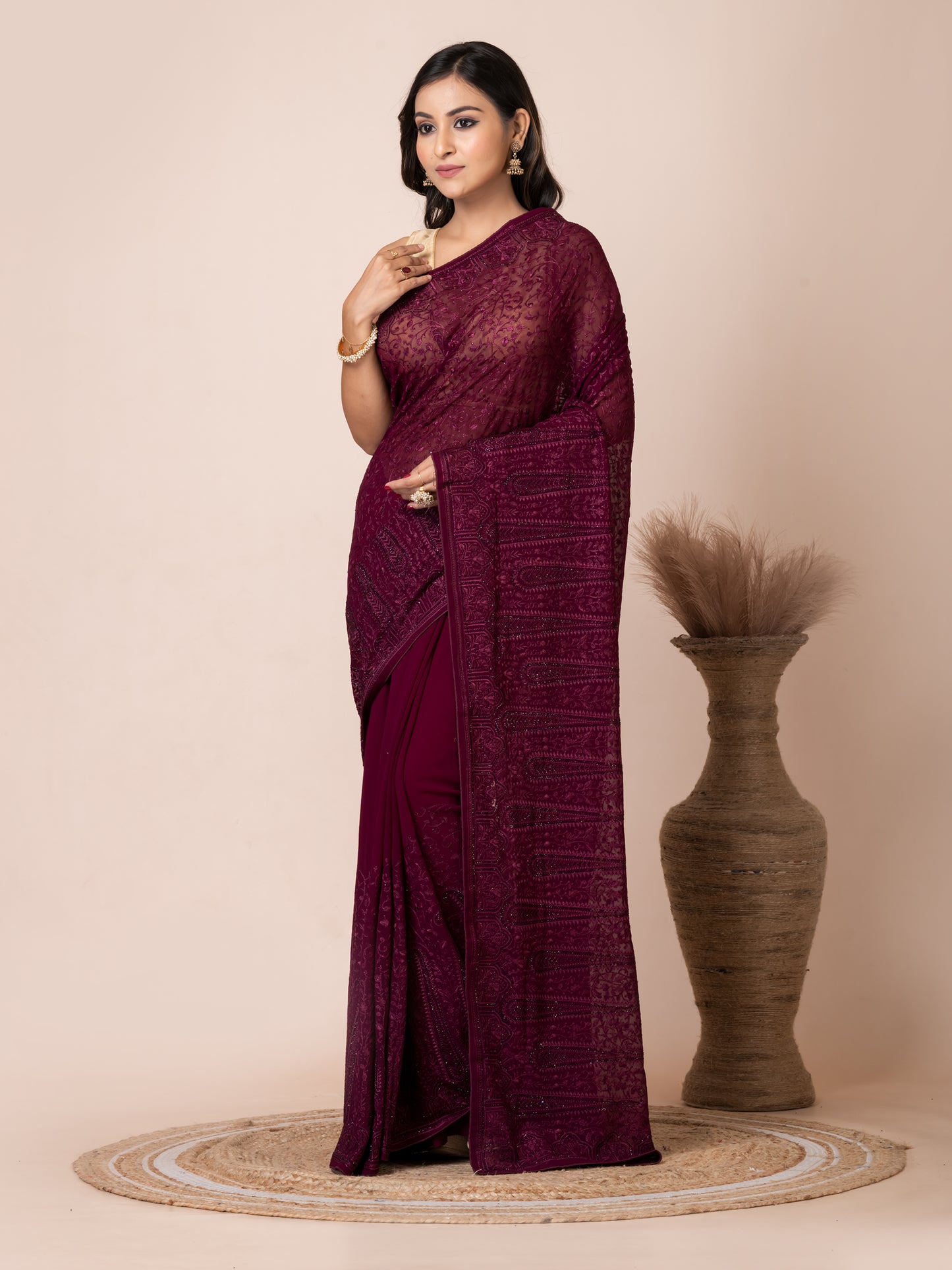 Exquisite Maroon Fancy Chiffon Saree with Jal Work