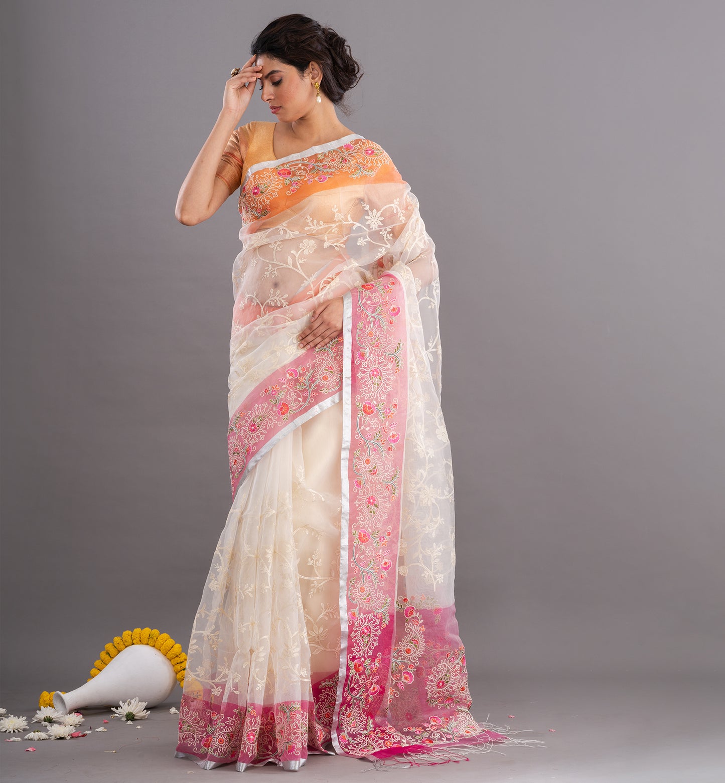 Ivory & Pink Handloom Tissue Organza Saree with Embroidered Elegance