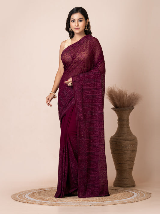 Exquisite Maroon Fancy Chiffon Saree with Jal Work