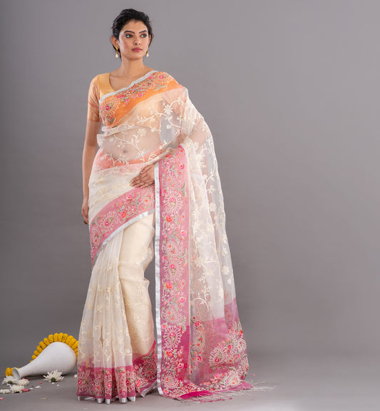 Ivory & Pink Handloom Tissue Organza Saree with Embroidered Elegance
