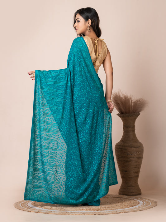 Stunning Turquoise Fancy Chiffon Saree with Jal Work
