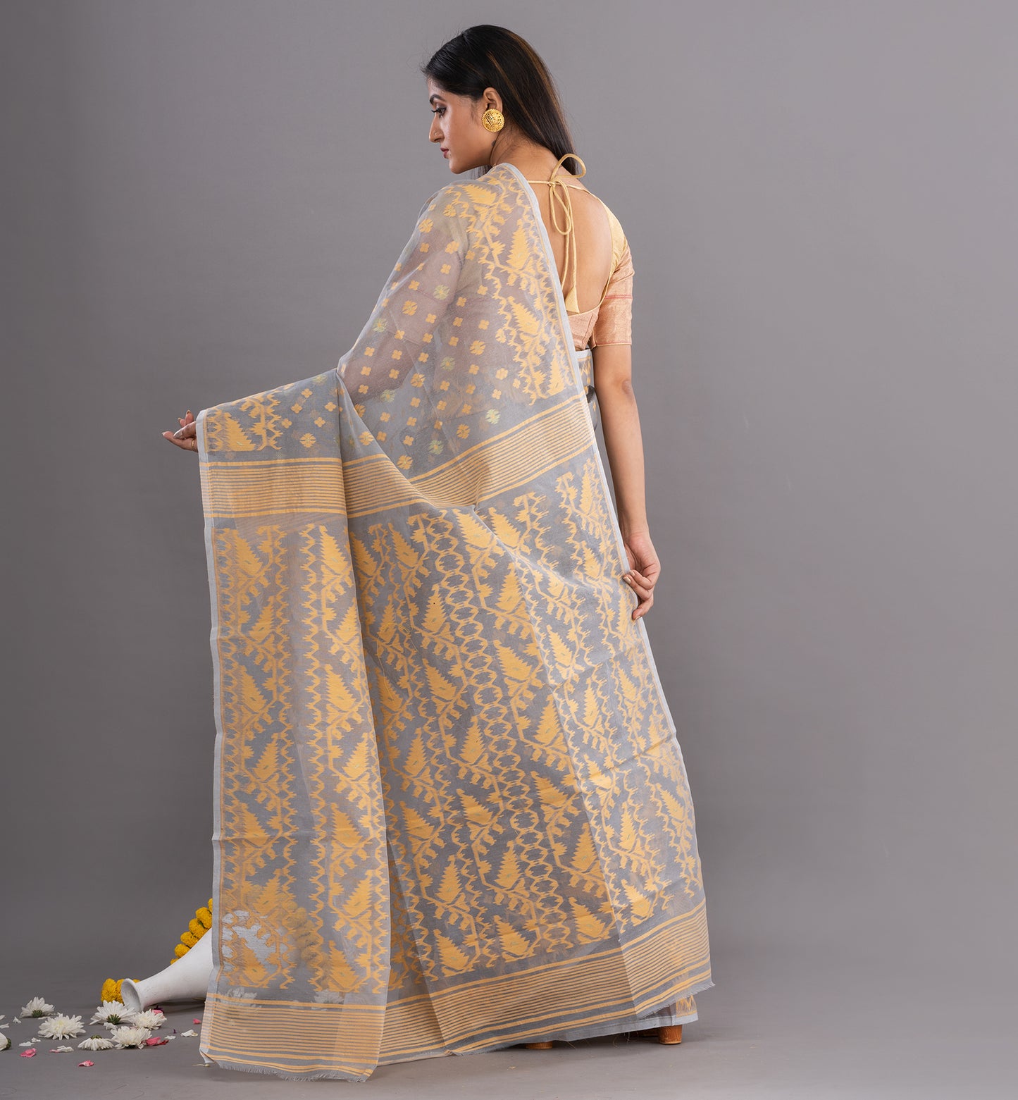Grey & Gold Jamdani Cotton Saree with Intricate Weave