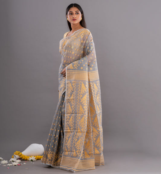 Grey & Gold Jamdani Cotton Saree with Intricate Weave