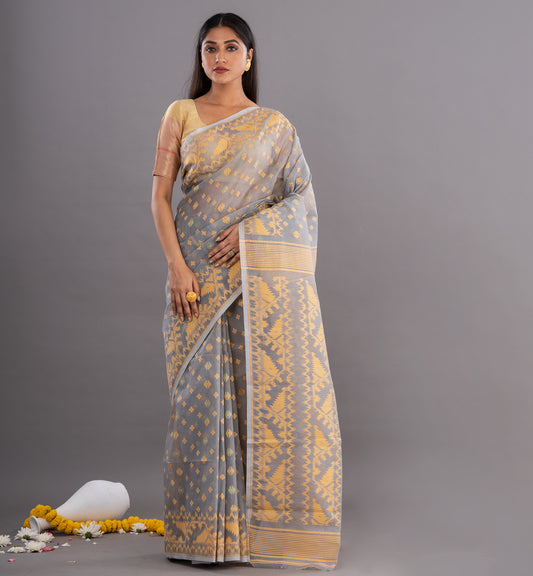 Grey & Gold Jamdani Cotton Saree with Intricate Weave