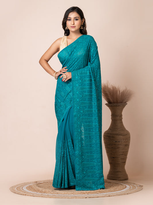 Stunning Turquoise Fancy Chiffon Saree with Jal Work