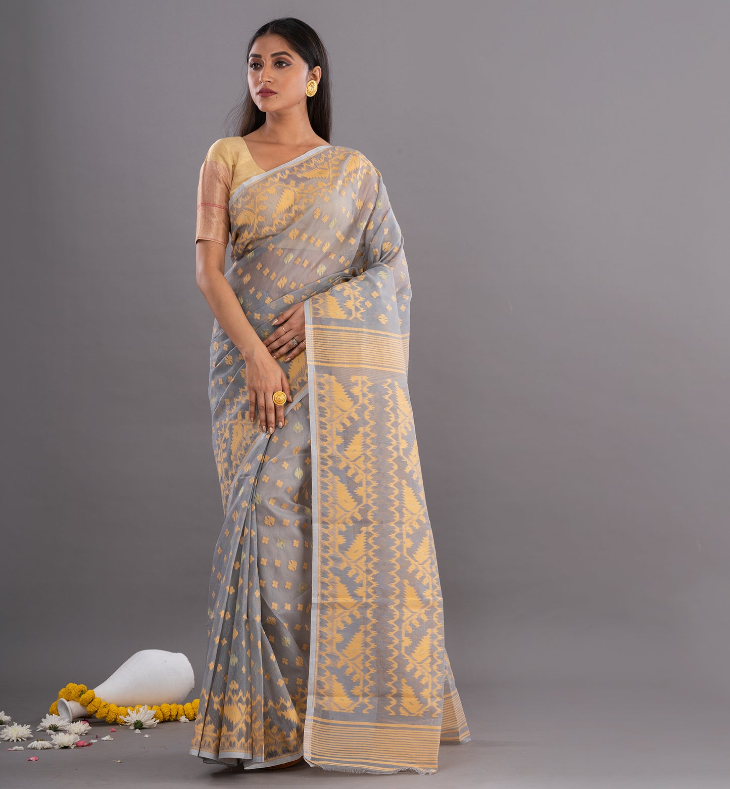 Grey & Gold Jamdani Cotton Saree with Intricate Weave