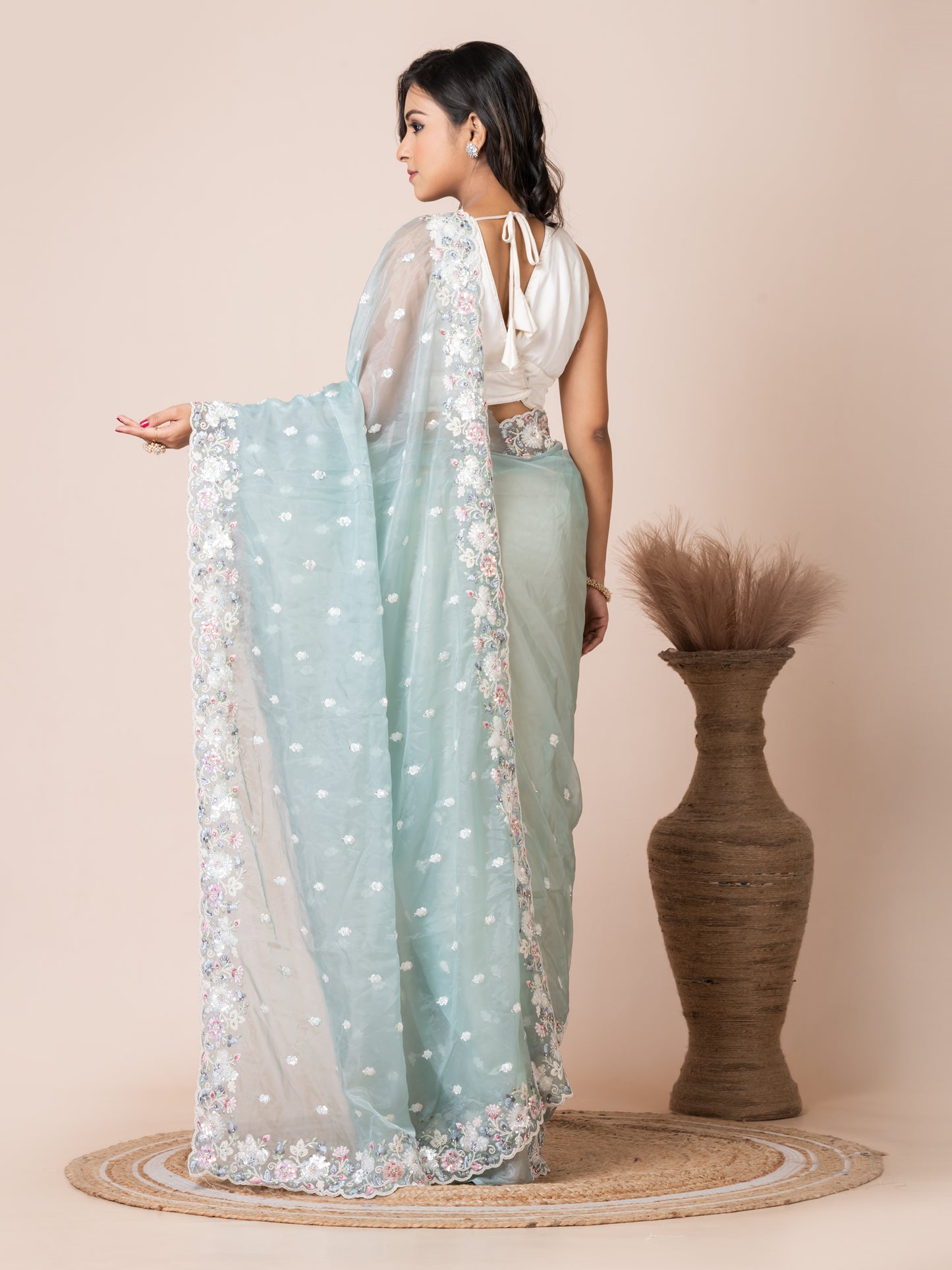 Elegant Mint Green Organza Tissue Saree with Floral Embroidery