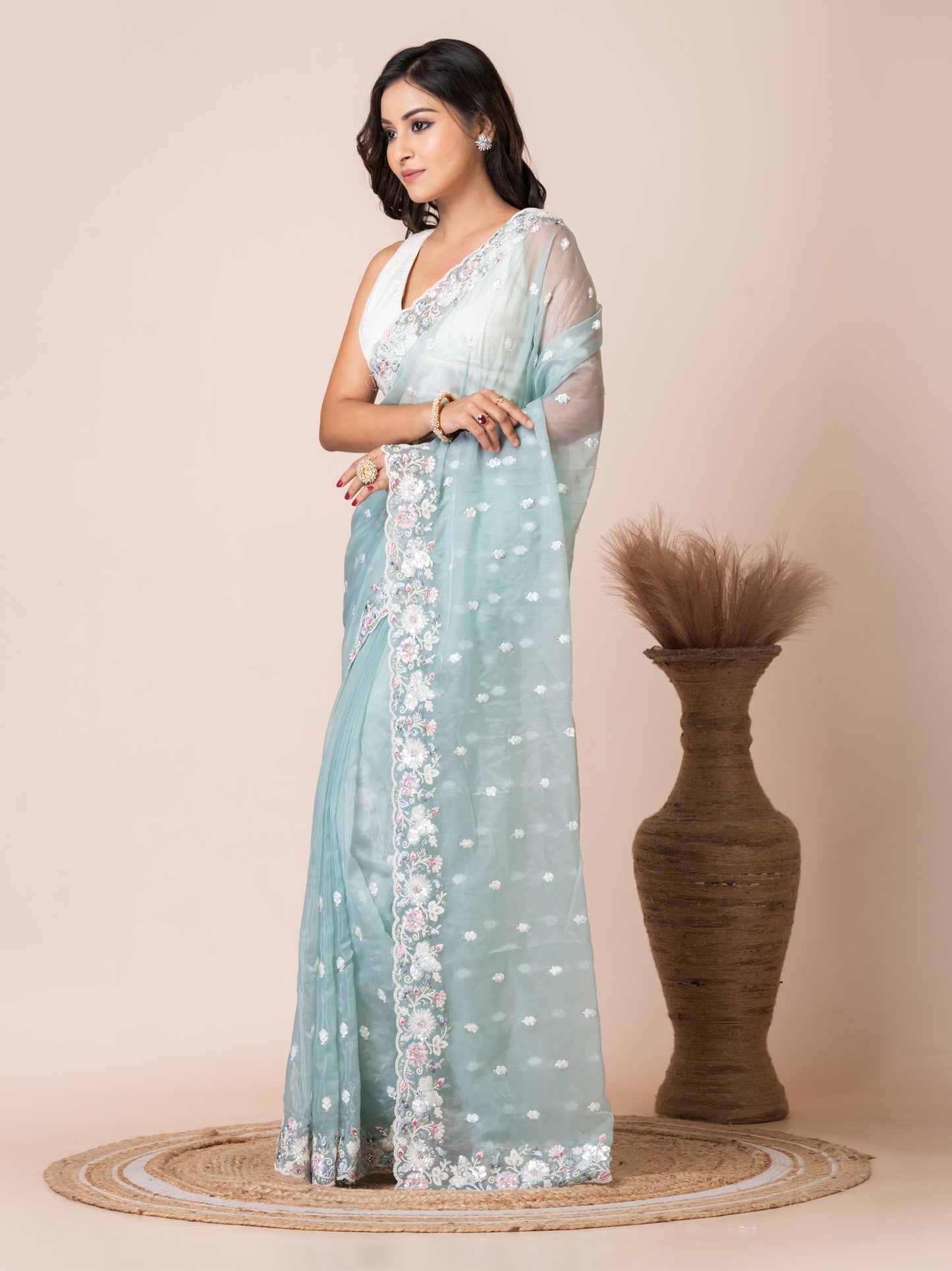 Elegant Mint Green Organza Tissue Saree with Floral Embroidery