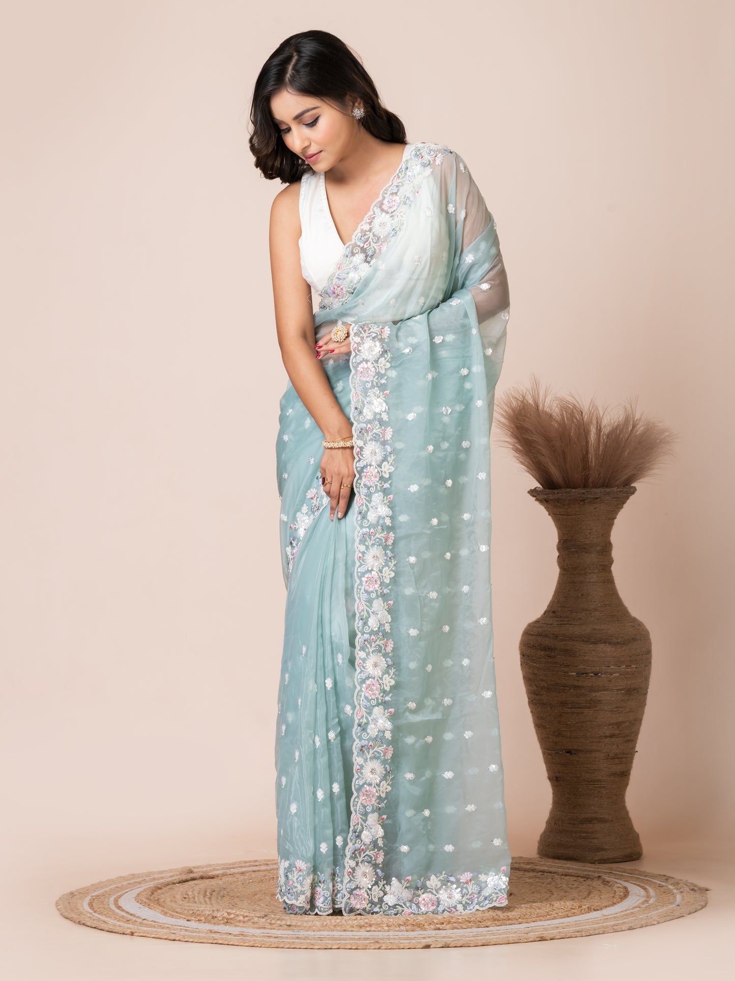 Elegant Mint Green Organza Tissue Saree with Floral Embroidery