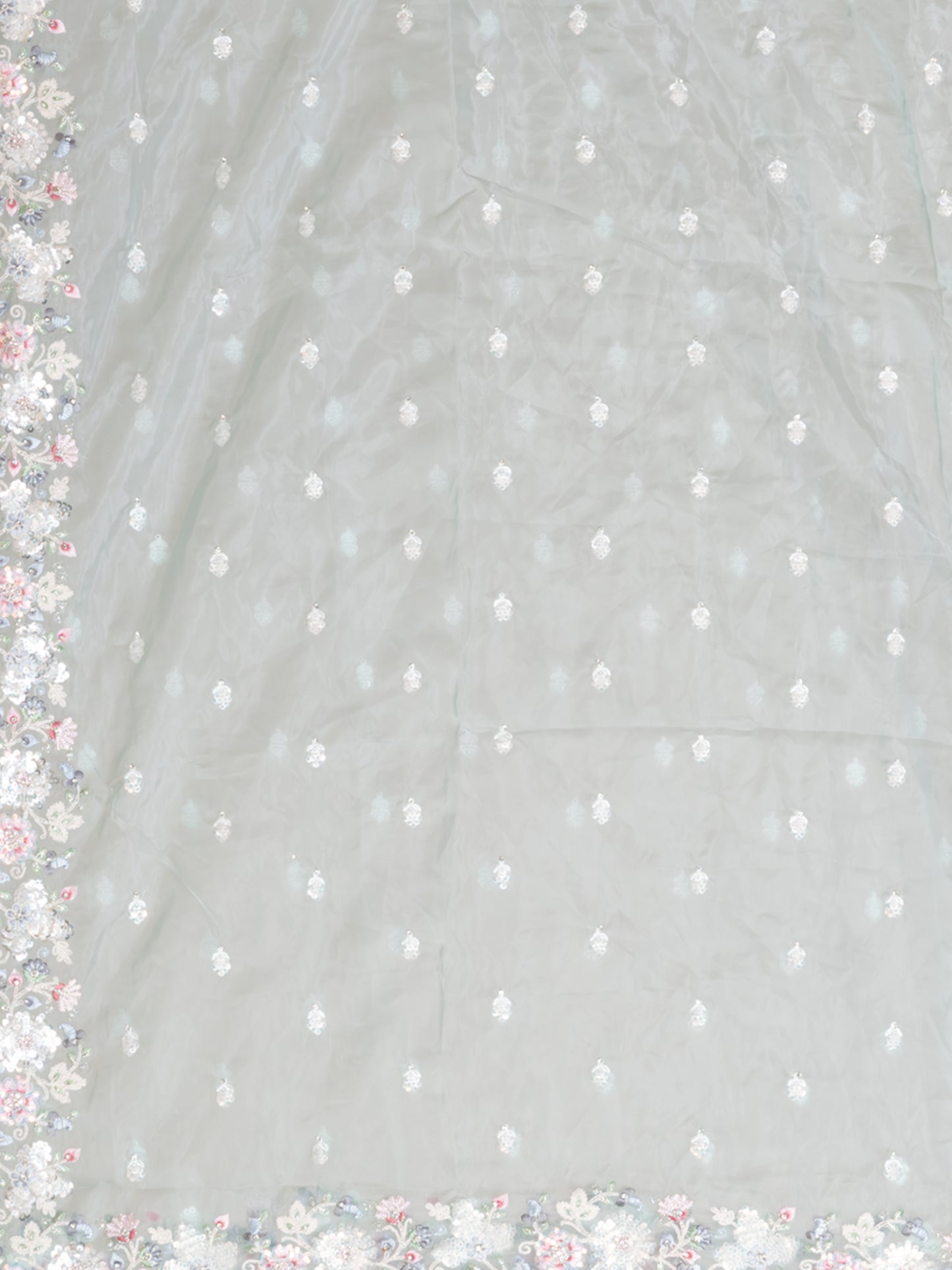 Elegant Mint Green Organza Tissue Saree with Floral Embroidery