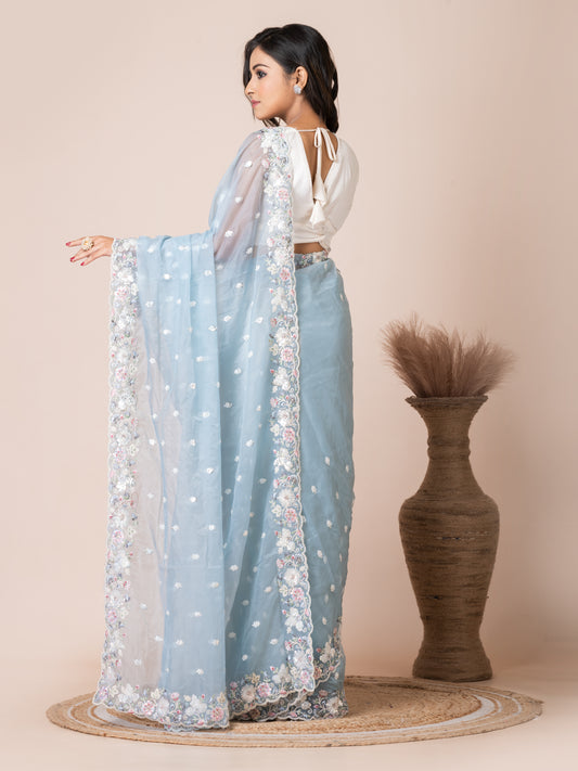 Graceful Sky Blue Organza Tissue Saree with Floral Embroidery