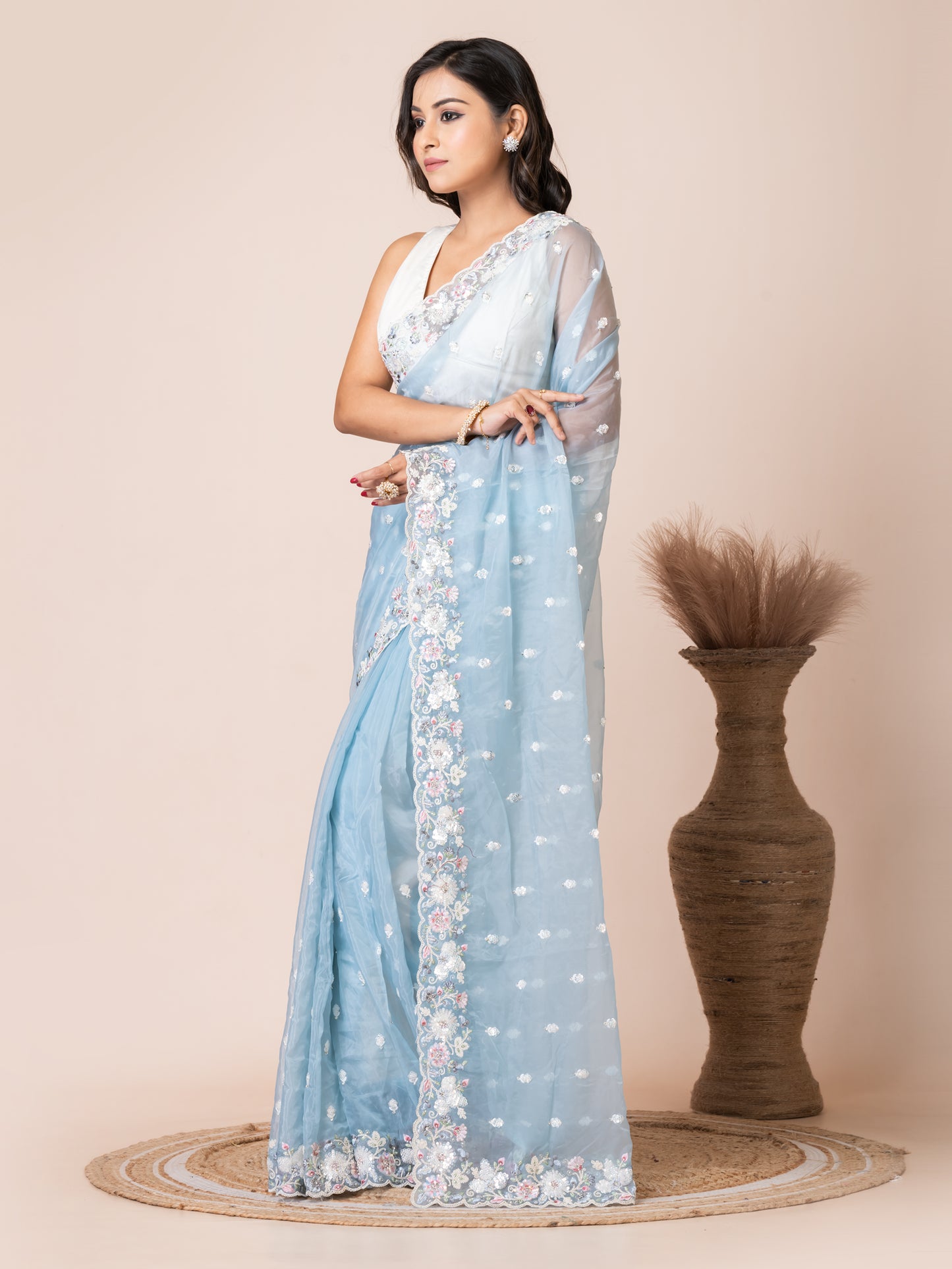 Graceful Sky Blue Organza Tissue Saree with Floral Embroidery