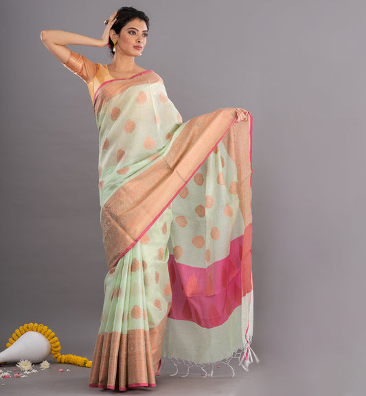 Light Green & Pink Handloom Cotton Silk Mixed Saree