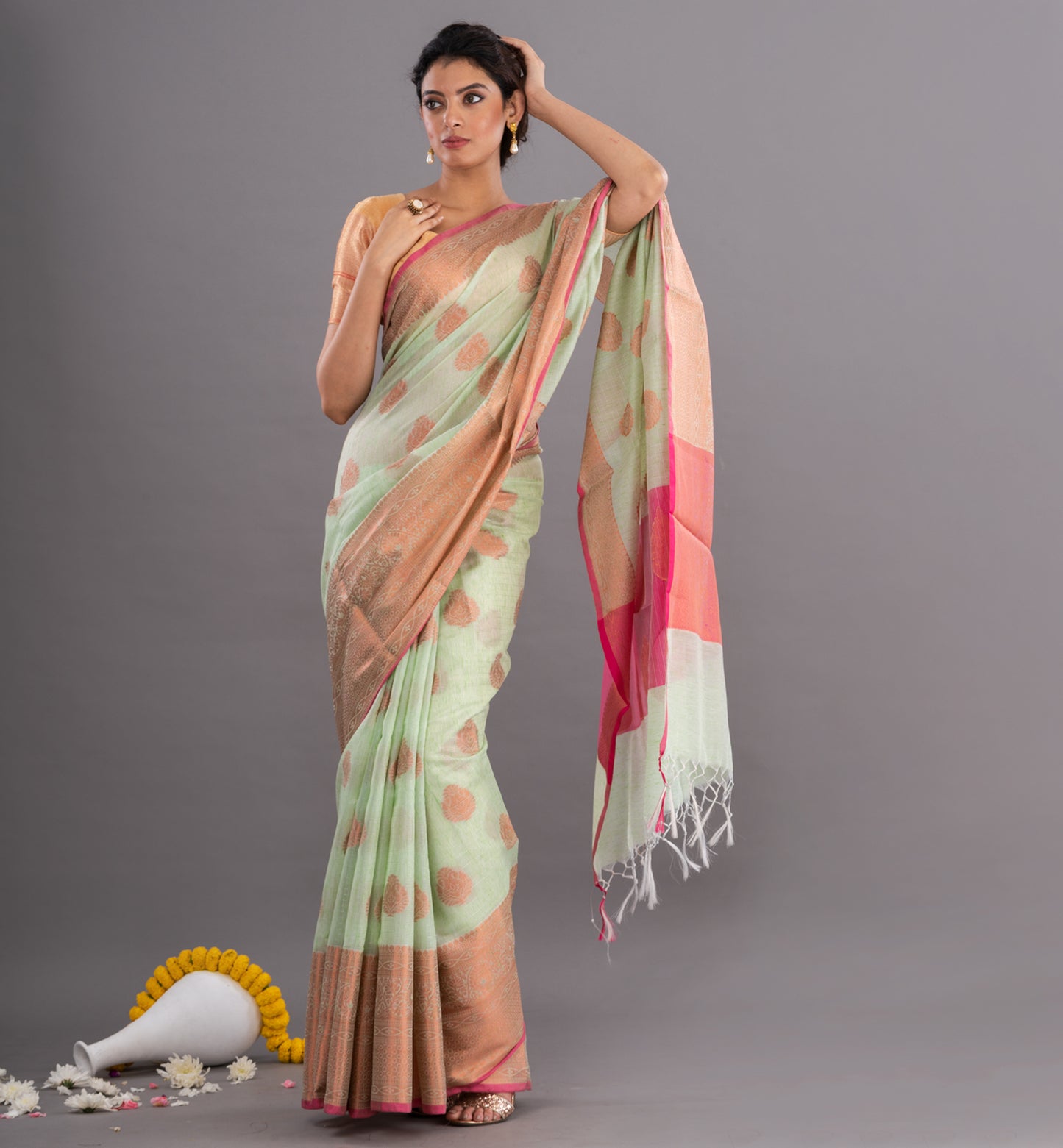 Light Green & Pink Handloom Cotton Silk Mixed Saree