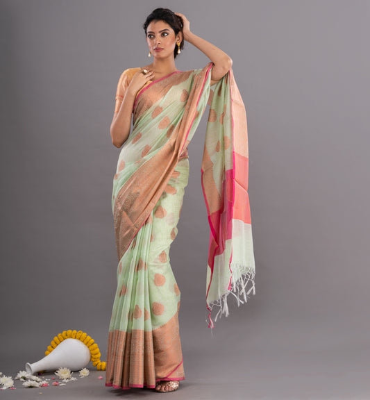 Light Green & Pink Handloom Cotton Silk Mixed Saree