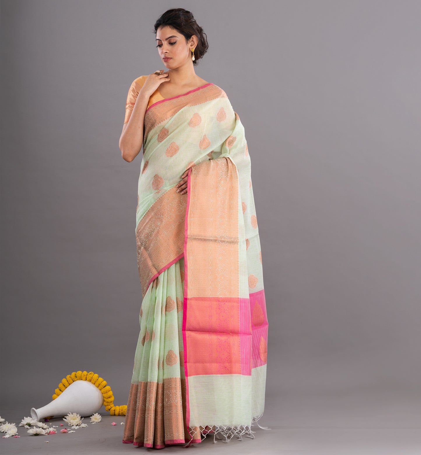 Light Green & Pink Handloom Cotton Silk Mixed Saree