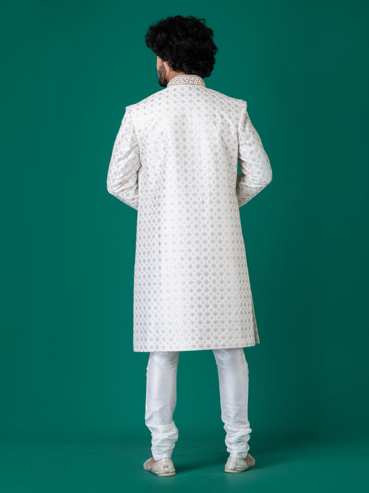 Splendid Bright Grey Sherwani with Neck Handwork