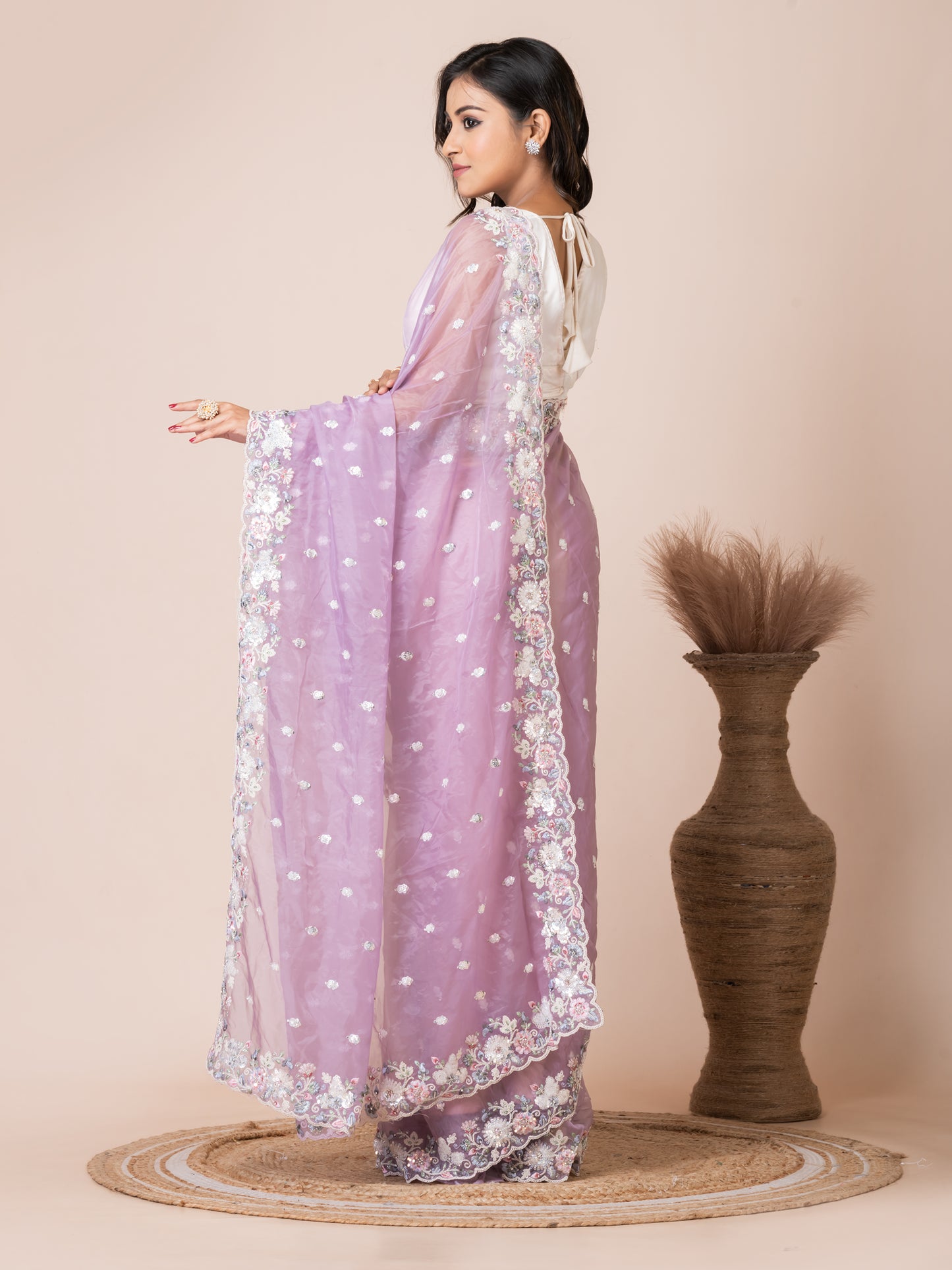 Delicate Lavender Organza Tissue Saree with Floral Embroidery