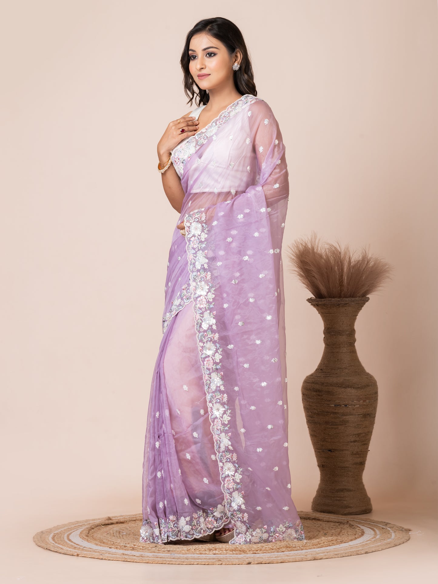 Delicate Lavender Organza Tissue Saree with Floral Embroidery