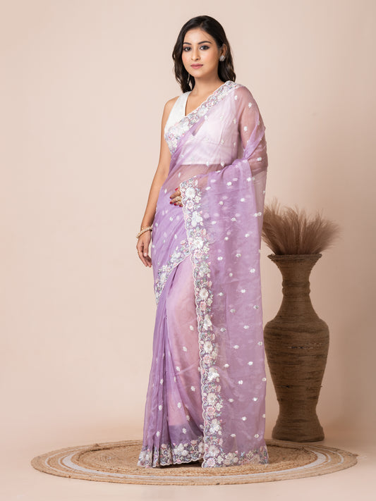 Delicate Lavender Organza Tissue Saree with Floral Embroidery