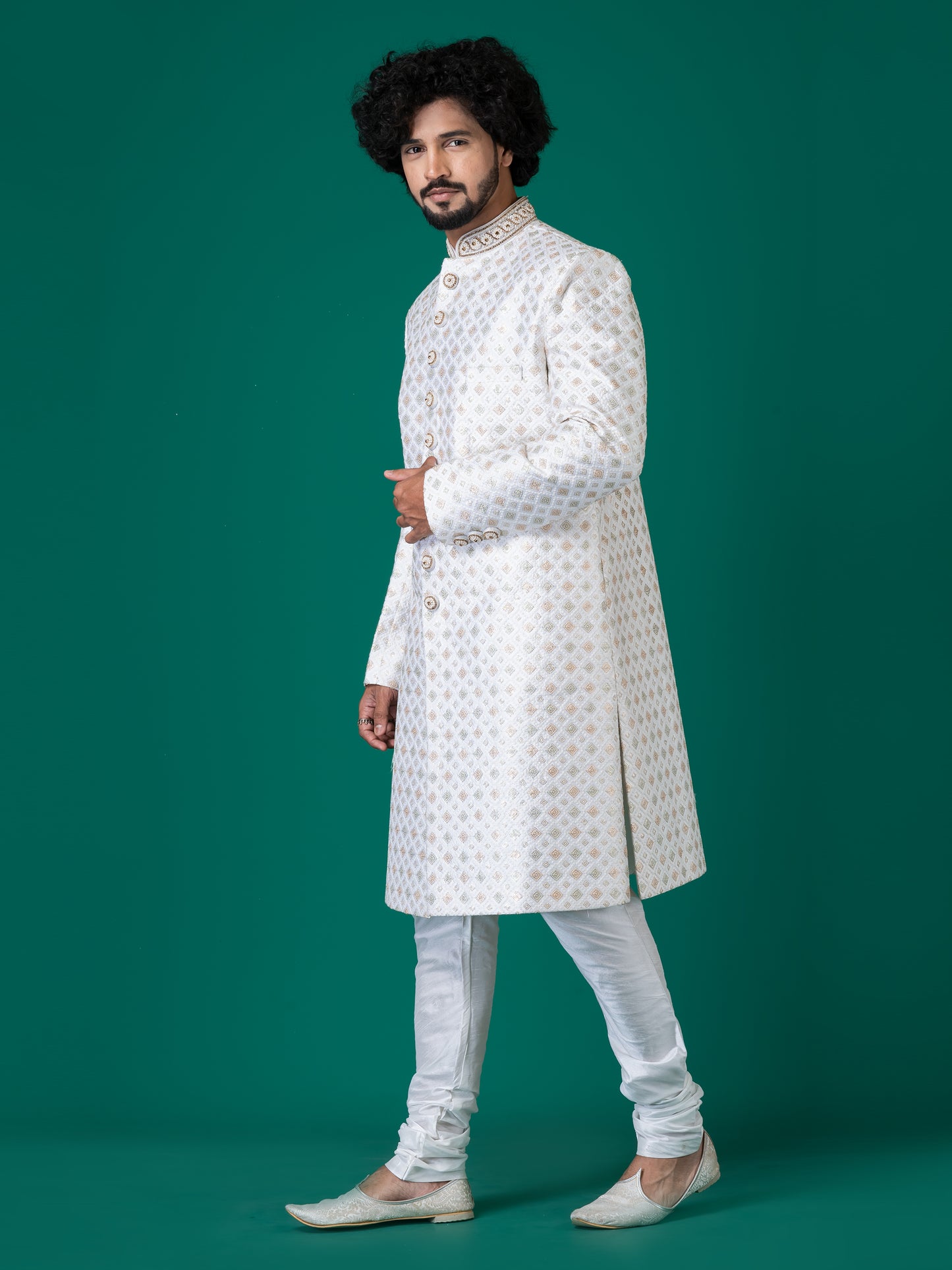 Splendid Bright Grey Sherwani with Neck Handwork