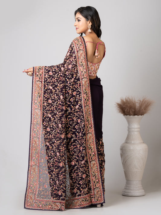 Regal Dark Purple Fancy Chiffon Saree with Jal Work