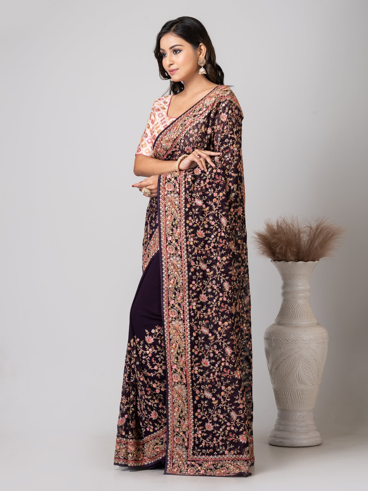 Regal Dark Purple Fancy Chiffon Saree with Jal Work