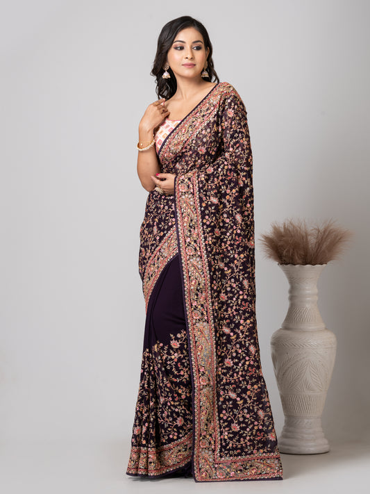 Regal Dark Purple Fancy Chiffon Saree with Jal Work