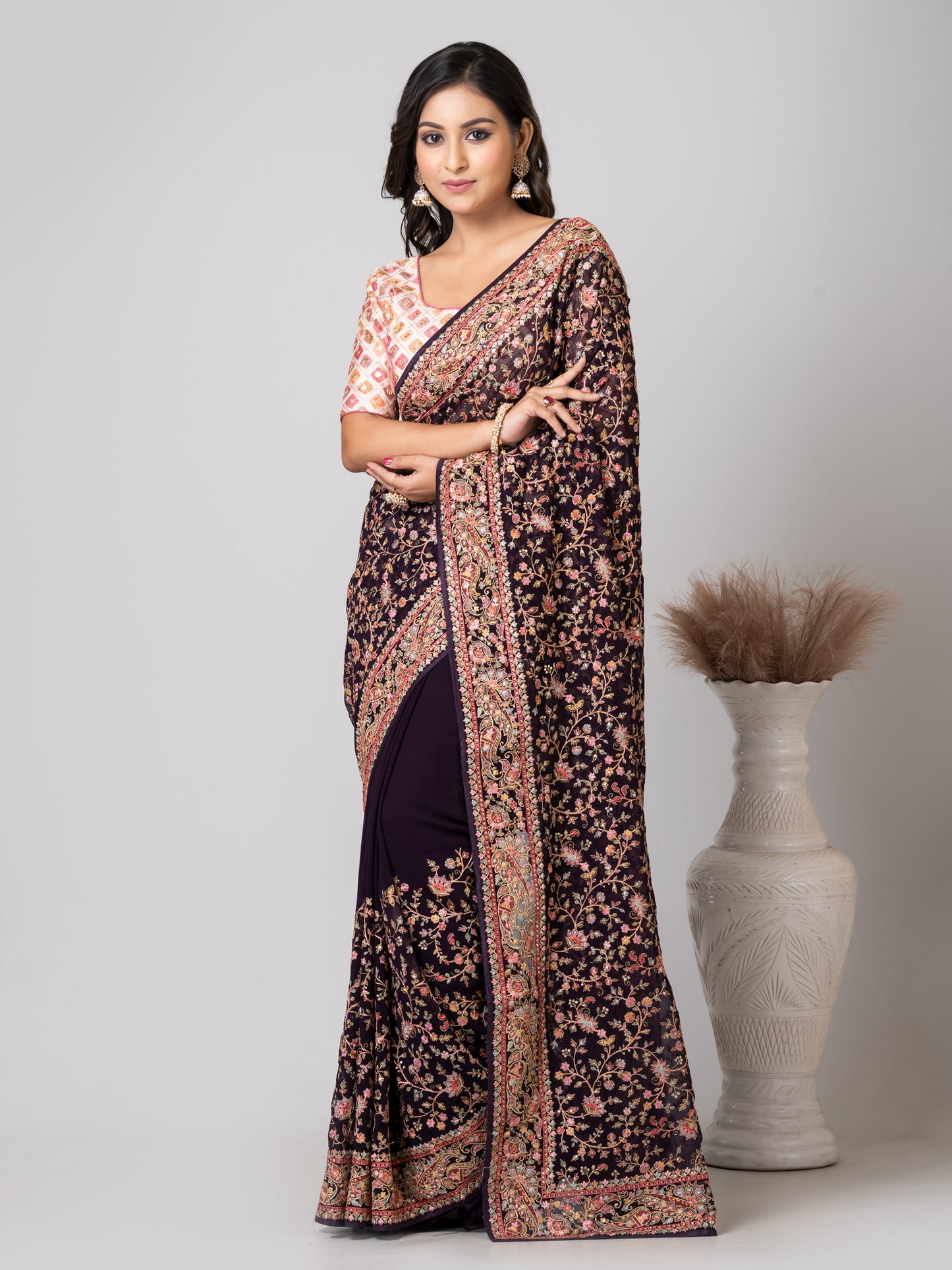 Regal Dark Purple Fancy Chiffon Saree with Jal Work