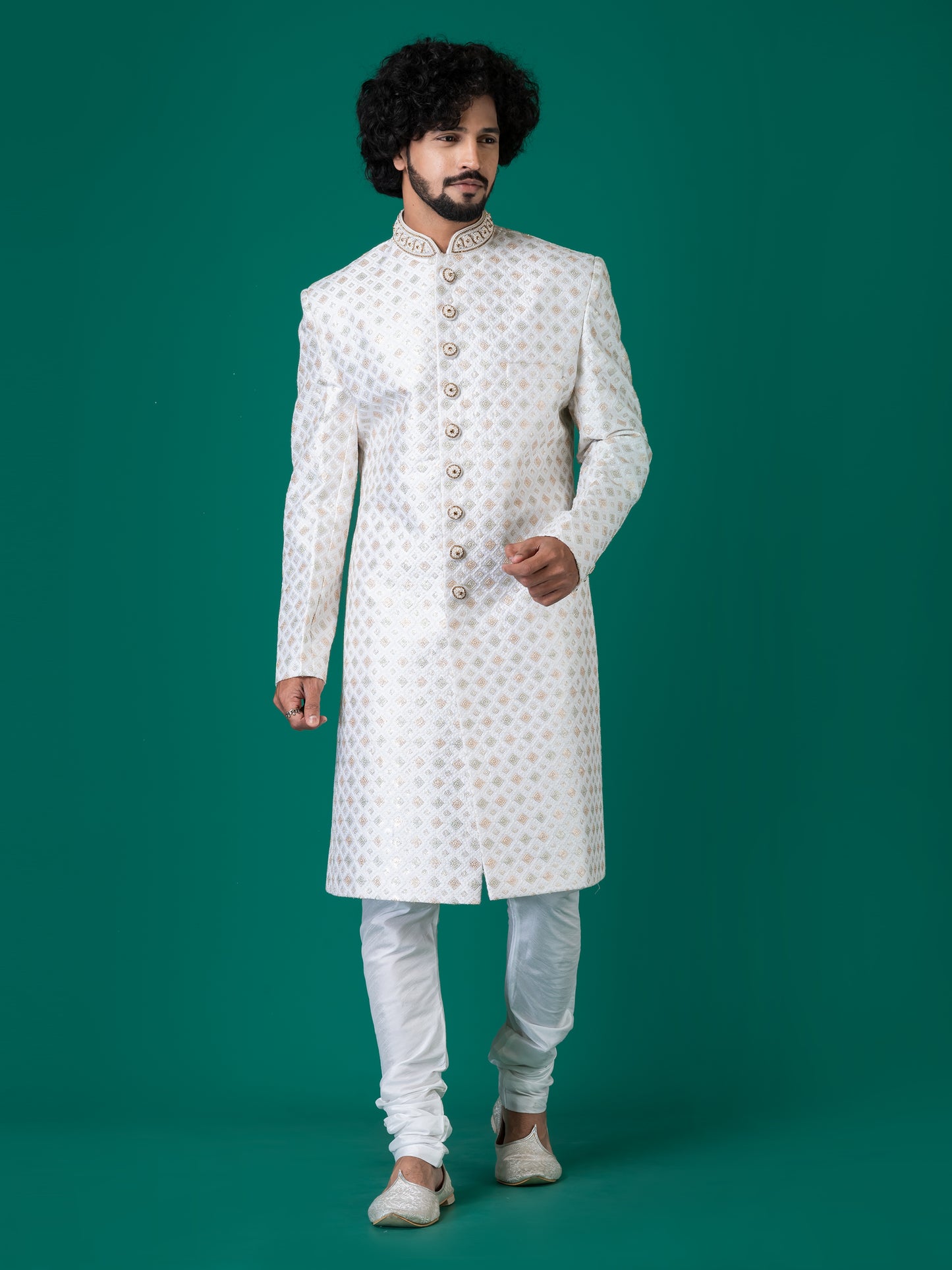 Splendid Bright Grey Sherwani with Neck Handwork