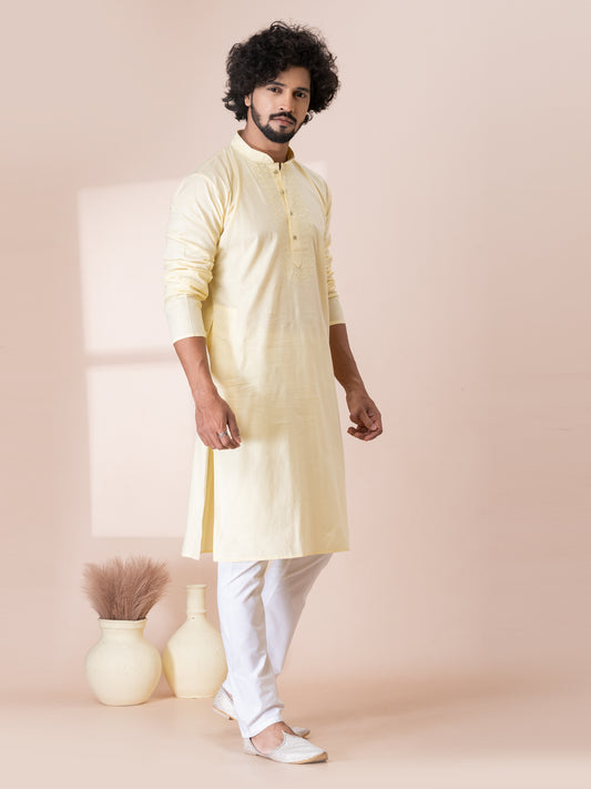 Timeless Milk Paint Handloom Cotton Kurta Pajama Set with Neck Handwork