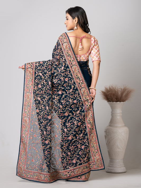 Luxurious Emerald Dark Green Fancy Chiffon Saree with Jal Work