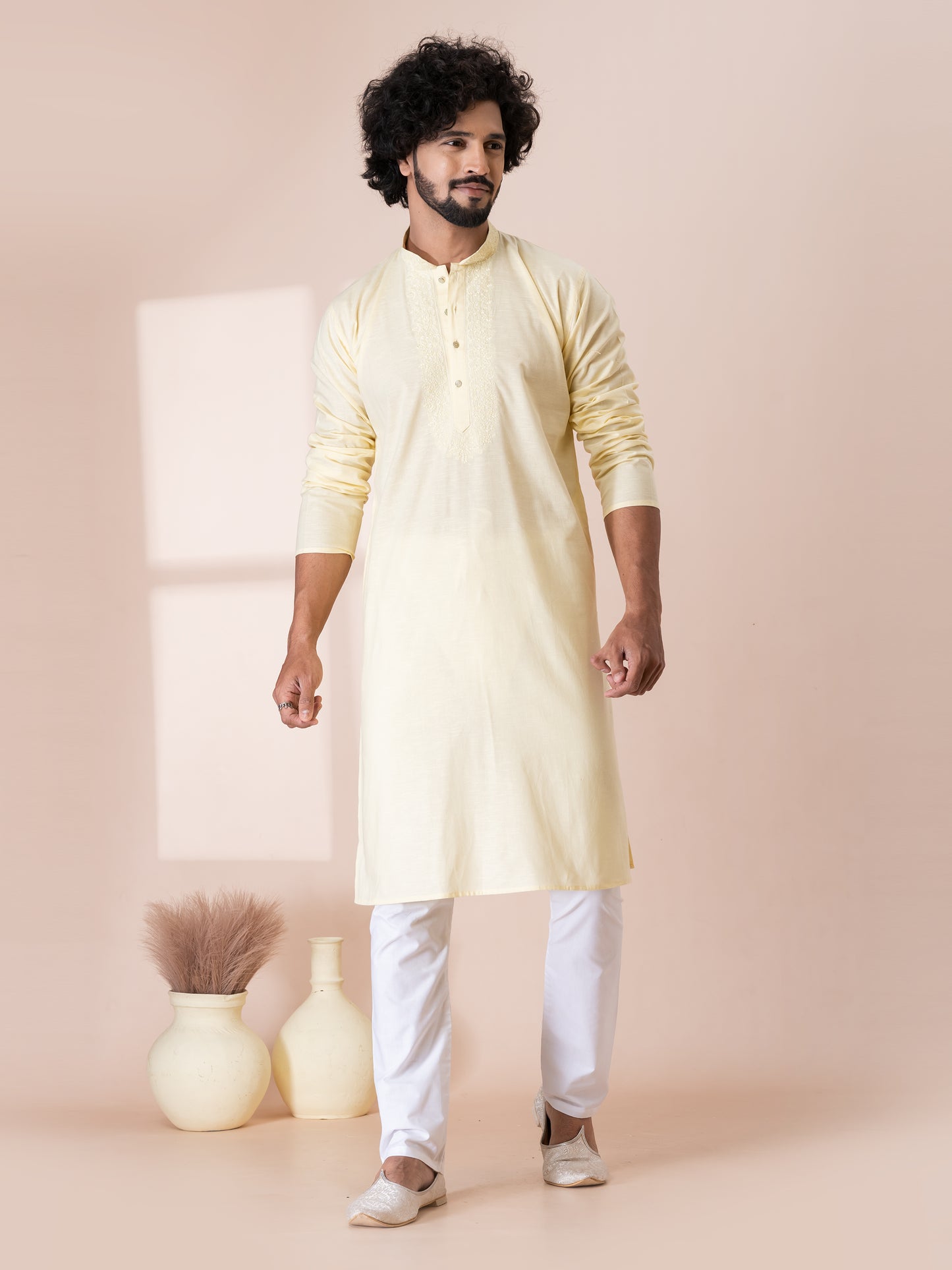Timeless Milk Paint Handloom Cotton Kurta Pajama Set with Neck Handwork
