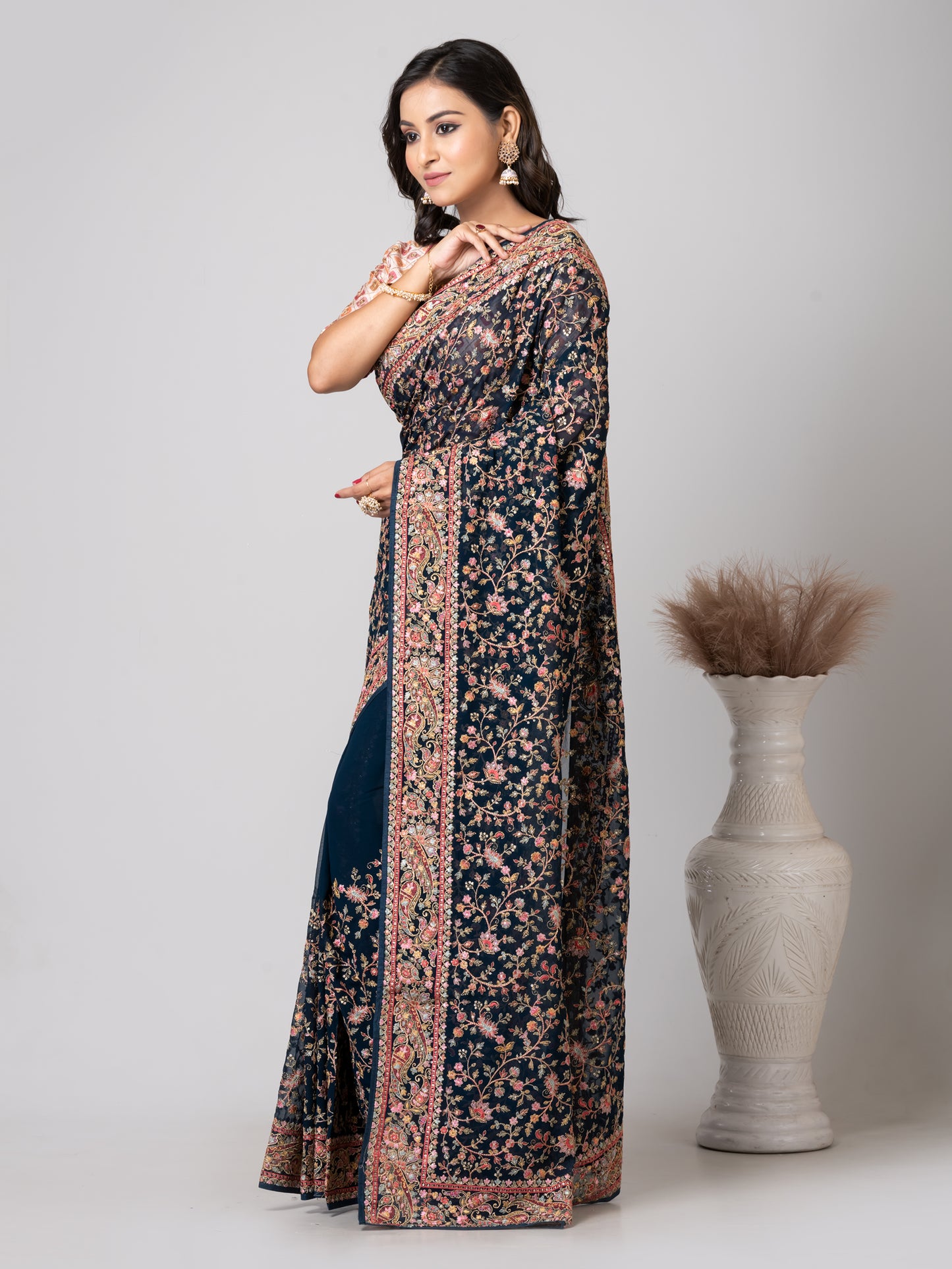 Luxurious Emerald Dark Green Fancy Chiffon Saree with Jal Work
