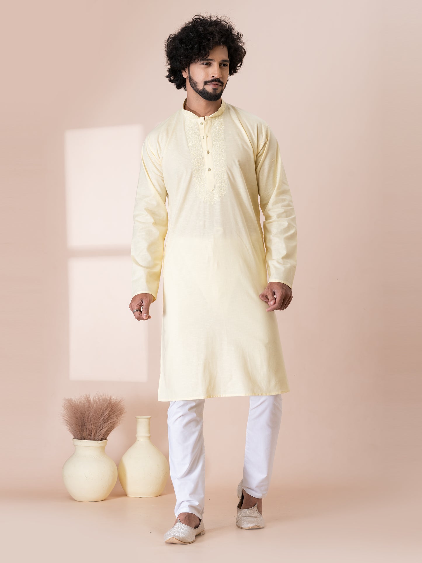 Timeless Milk Paint Handloom Cotton Kurta Pajama Set with Neck Handwork