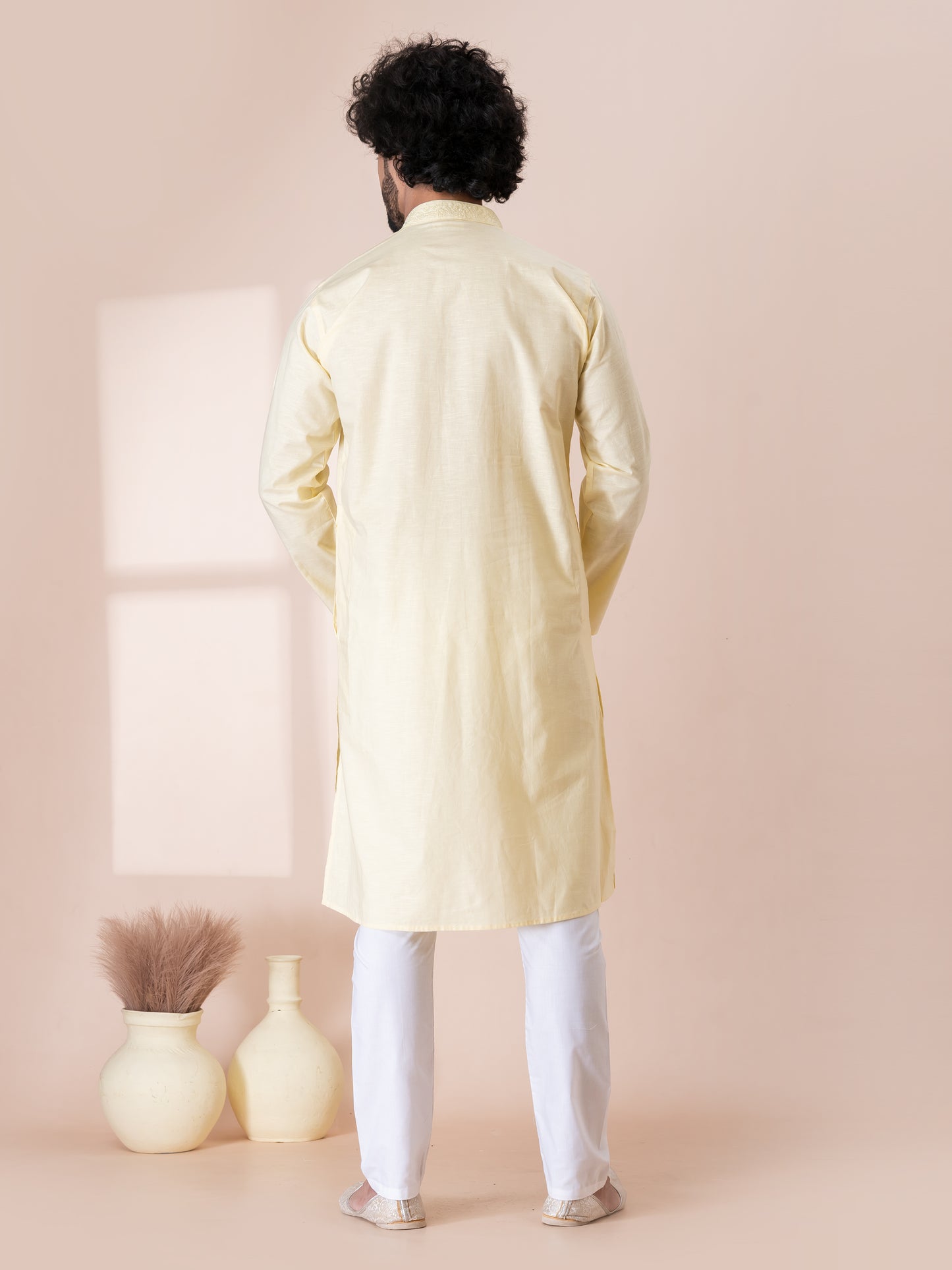 Timeless Milk Paint Handloom Cotton Kurta Pajama Set with Neck Handwork