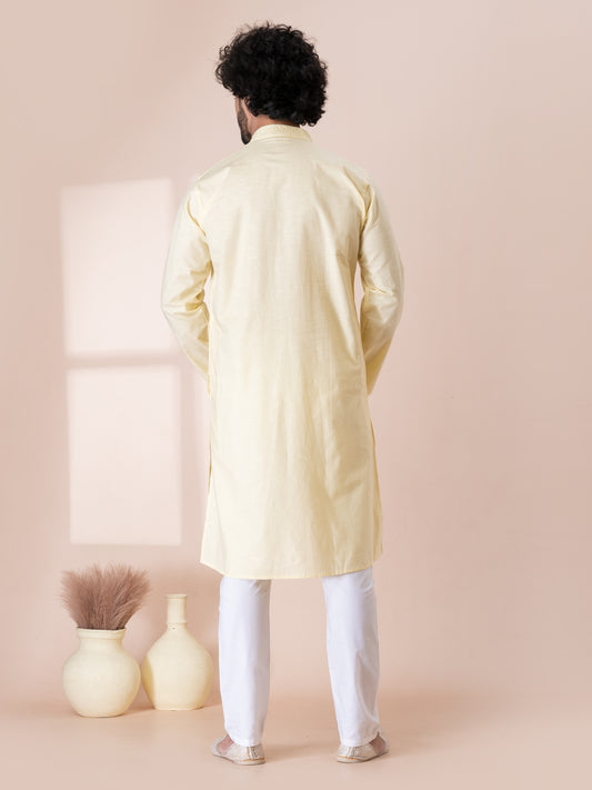 Timeless Milk Paint Handloom Cotton Kurta Pajama Set with Neck Handwork