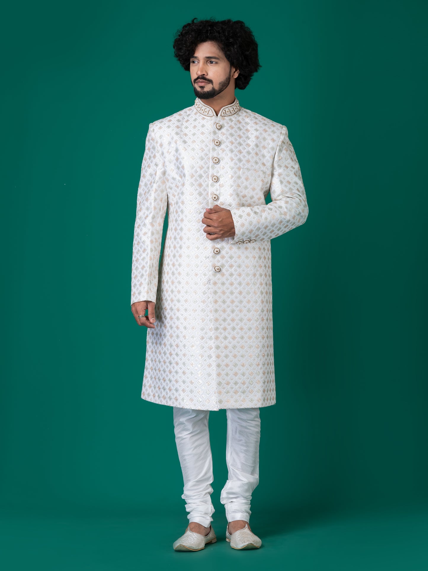 Splendid Bright Grey Sherwani with Neck Handwork