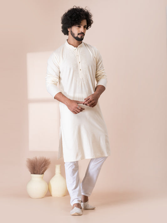 Finest Lynx White Handloom Cotton Kurta Pajama Set with Neck Handwork