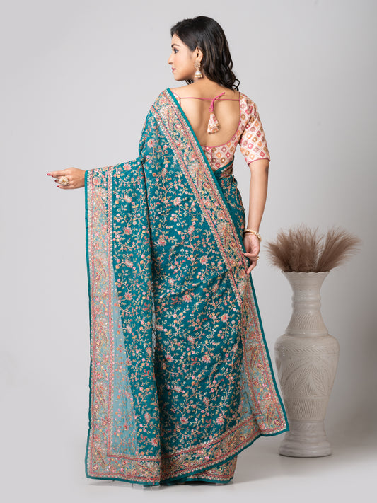 Vibrant Royal Cyan Fancy Chiffon Saree with Jal Work