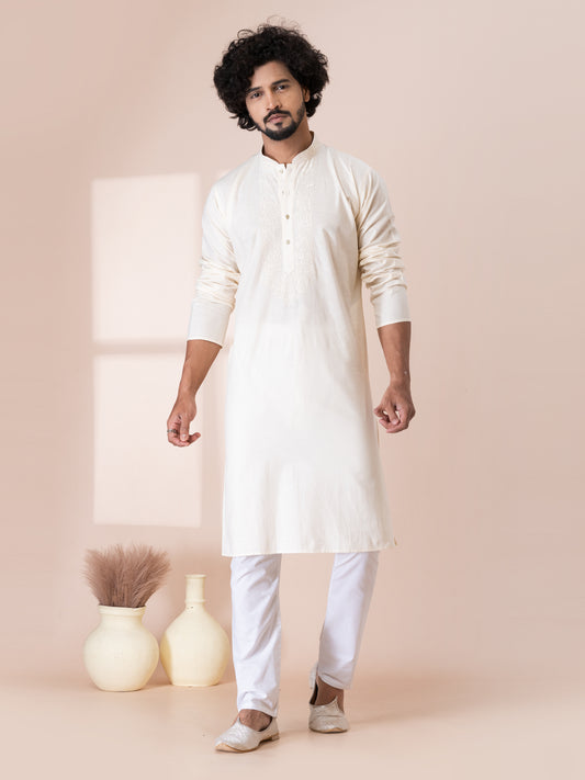 Finest Lynx White Handloom Cotton Kurta Pajama Set with Neck Handwork