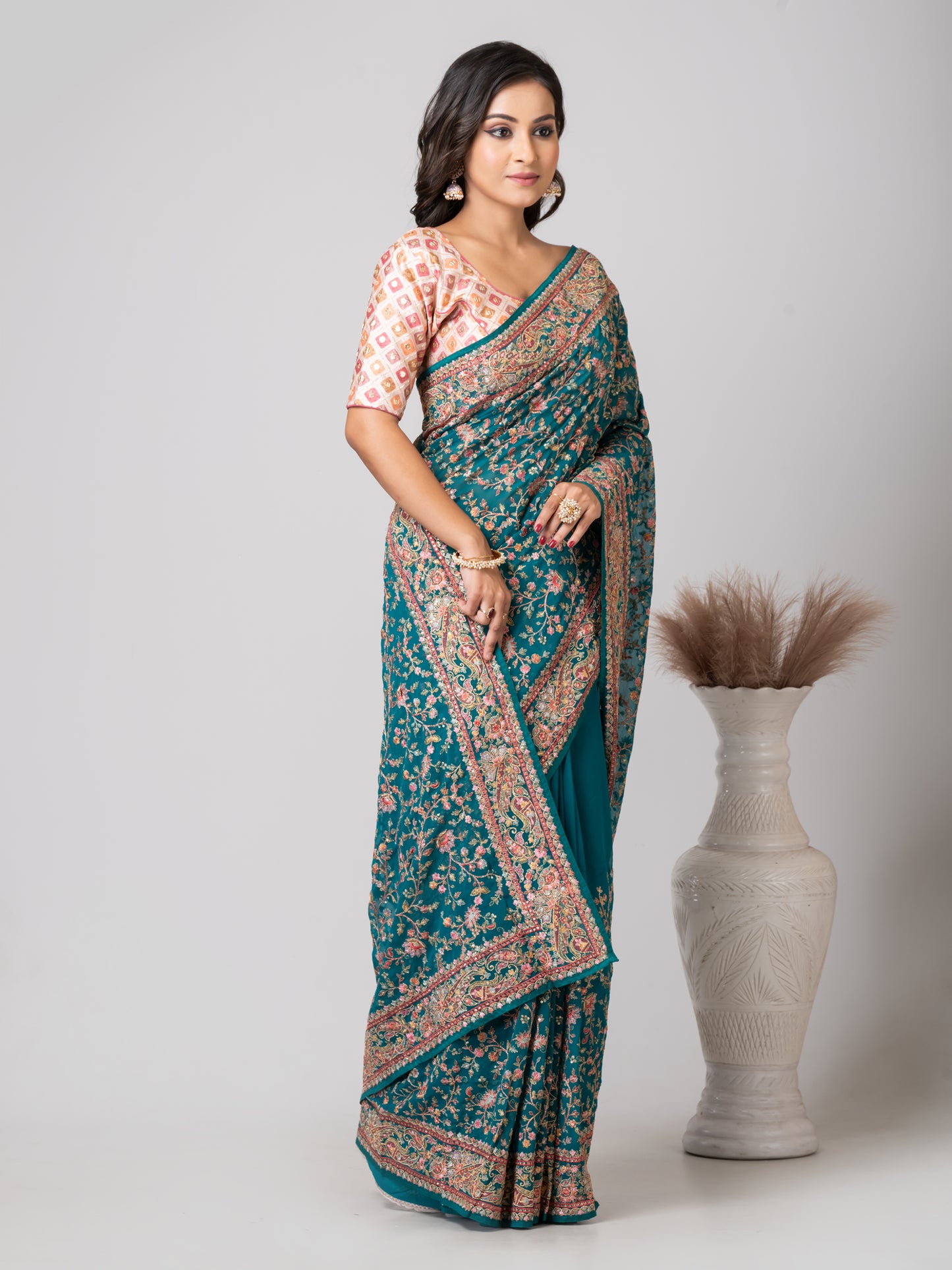 Vibrant Royal Cyan Fancy Chiffon Saree with Jal Work