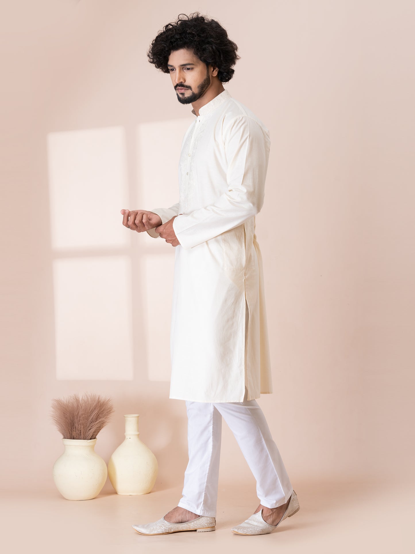 Finest Lynx White Handloom Cotton Kurta Pajama Set with Neck Handwork